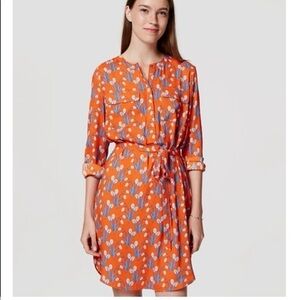 LOFT Orange Floral Tie-Waist Long Sleeve Shirt Dress